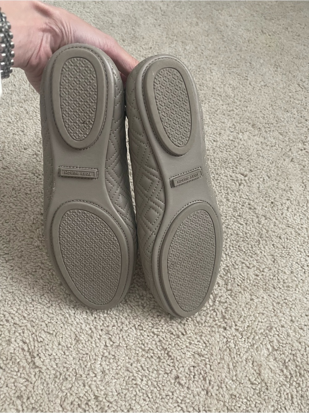Tory Burch Quilted Gray Ballet Flats with Gold Logo Emblem - Picture 6 of 6